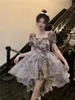 Women print floral square collar short sleeve organza patched ball gown irregular princess desinger dress SML