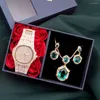 Wristwatches Women Full Diamond Watch Luxury Fashion Quartz Watches Steel Belt Dress Wristwatch Retro Green Gemstone Jewelry Sets With Box