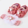 Conjunto de tiara de sapatos de bebê First Walkers flor fofa para meninas sola macia antiderrapante menina 0-18 m crianças