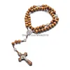 Pendentif Colliers Religion Mâle Long Chapelet En Bois Perles Croix Christ Jésus Collier 10Mm Pendentifs En Bois Bijoux Pour Femmes Hommes Drop De Dhcy0