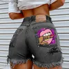 Kvinnors shorts Hot Selling New Denim Shorts Personlighet Mun Bite Finger Printing Fashion Hole Pants Women T230603