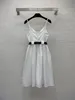 Women's Designer Featuring Summer Celebrity Style Chest Pleated Design with Triangle Label Cotton Waist Shrinking Slim Strap Dress+Belt Black and White S-L