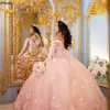 Pink Princess 3D Handmade Flowers Quinceanera Dresses Off The Shoulder Long Wraps Sequined Lace Ball Gown Prom Sweet 15 16 Dress Formal Occasion Pageant Dress CL2347