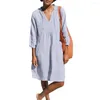 Casual Dresses Women Dress Solid V-Neck Loose DrawString Kne Length Dress Up Three Quarter Sleeve Quick Dry Summer Midi Female Clothes