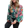 Blusas Femininas Camisa de Verão Mulher 2023 Estampado Lanterna Manga Tops Feminino Decote em V Magro Feminino Elegante Macacões Roupas