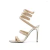 Sexy Women's 881 Sandals Rhinestone Wrist Wrap Thin High Heel Small Rhinestones Snake-Shaped Wrapped Ankle Open Toe Wedding Shoes s ped