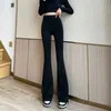 Calças femininas Capris cor lisa cintura feminina diagonal totalmente combinada ajuste ultrafino cintura alta elástica boca de sino coreana moda rua calças largas P230602