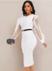 Dress White Dress O Neck Transparent Mesh Long Sleeve Ruffle Women Elegant Office Lady Work Wear Modest Classy Female African Fashion