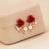 Stud Vintage Elegant Rose Female Korean Red Flower Pearl Long Tassel Earrings Wedding Jewelry Gifts G230602