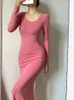 Klä WOMENGAGA SPICE GIRL Slim Skinny Party Maxi Long Dress for Women O Neck Pink Hot Sexy Robe Hiver Elaegant Autumn Streetwear Uviq