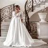 JaneVini Blanc Robe De Mariée Longue Avec Manches 2020 Col En V Élégant Dentelle Appliques Satin Une Ligne Princesse Robes De Mariée Balayage Train230c