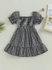 Girl Dresses Toddler Girls Summer Casual Dress Short Puff Sleeve A-line Plaid For Party Travel