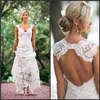 2018 New Chic Rustic Full Lace Wedding Dresses Cheap V Neck Open Back Sweep Train Boho Garden Bridal Gown Custom Made Country Styl268H