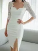 Casual Dresses Korean Fashion Summer Elegant Women Evening Dress White Sheer Sexy Low Cut Folds Slim Midi Party Club Prom Femme Mujer