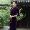 Dress Women Vintage Velour Qipao Chinese Traditional Veet Cheongsam Autumn Winter 3/4 Sleeves Evening Party Dress Stretch Plus Size