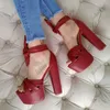 Sukeia Handmade Women Summer Sandals Faux Leather Chunky Heels Round Toe Pretty Fuchsia Party Shoes Ladies US Size 5-20