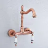 Bathroom Sink Faucets Antique Red Copper Wall Mounted Swivel Spout Kitchen Vessel Faucet Dual Ceramic Lever Basin Taps Tsf904