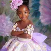 Lilac Sheer Neck Flower Dresses Ball Gown Tulle Kort ärmar Vintage Little Girl PeaGeant Dress Gowns ZJ406 407