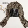 Blusas Femininas WDMSNA Lapela Estampa Leopardo Camisa Feminina Costura Couro Cor Contraste Blusa Cintura Alta Para Mulheres Moda Manga Longa