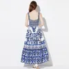 Klänning Runway Summer Holiday Long Dress Boho Women's Spaghetti Strap Blue and White Porcelain Print Sexig Elastic Backless Vestidos Robe