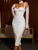 Robes femmes été Style Sexy trou de clé à manches longues maille blanc Midi moulante robe de pansement 2023 élégant soirée Club robe de soirée