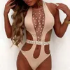 Kvinnors badkläder Nya kvinnor Sexig baddräkt Shiny Badkläder med Rhinestone Belt Chest Diamond-Dded Bikinis Halter Hollow Summer Bather S-XL J230603