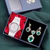 Wristwatches Women Full Diamond Watch Luxury Fashion Quartz Watches Steel Belt Dress Wristwatch Retro Green Gemstone Jewelry Sets With Box