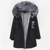 Women's Trench Coats Real Raccoon Fur Collar Women Jacket Camouflage Black Parkas & Cotton Faux Lining Coat