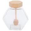 Servis uppsättningar hexagon honung kruka glas burk med trä dippare och korklock täcke för hemkök klart 220 ml
