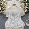 Women's Blouses Chinese Style Summer Vintage Frog Crochet Short Sleeve White Organza Shirt Women's Sexy Perspective Black Gauze Tops