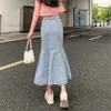 Jurken Y2k Ruches Lange Zeemeermin Denim Rok Dames Koreaanse Sexy Bodycon Strakke Maxi Flare Rok Blauwe Jeans Trompetrok Grote maten 4xl