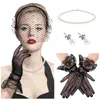 Bandanas Headband Glove Necklace Fascinators Women Black Veil Pearl Earrings Tea Party Gloves Studs Face Set