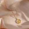 Tarnish Free 18k Gold Plated Engraved Cherry Flower Coin Necklace 316L Stainless Steel Bead Chain Pendant Necklace