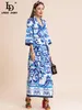 Dress Ld Linda Della Fashion Runway Holiday Dress Women's Autumn Blue and White Porcelain Singlebreasted Belted Elegant Long Dress