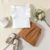 Kläduppsättningar Småbarn Girls Fashion Streetwear Outfits 2st Summer Sleeve Ribbed Tops Pu Leather Kirt Set