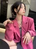 Ternos Femininos Lnsozkdg Feminino Cor Rosa Bolsos Grandes Casual Blazer Lapela Manga Longa Jaqueta Caimento Solto Moda Primavera Outono 2023 Casacos