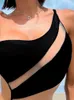 Damen-Bademode In-X Sexy One-Shoulder-Einteiler-Badeanzug Mesh-Patchwork-Bademode Frauen 2023 Neuer Ausschnitt-Badeanzug Schwarzer Bodysuit Strandkleidung J230603