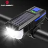 Solcykelbelysning USB-laddningsbar cykelstrålkastare med horn multifunktion cykellampa 120dB högtalare front säkerhet front ljus natt ridtillbehör