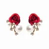 Stud Vintage Elegant Rose Female Korean Red Flower Pearl Long Tassel Earrings Wedding Jewelry Gifts G230602