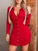 Casual Jurken Dames Mode Sexy V-hals Shirt met lange mouwen Turn Collar Button Design Side Slit Red Dress