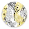 Horloges murales feuilles de palmier jaune gris impression horloge Art silencieux non tic-tac montre ronde pour la décoration de la maison cadeau