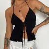 Débardeurs pour femmes BEELADAN Femmes Y2k Halter Neck Crop Top Lace Trim Backless Cami Sexy Tie Up Spaghetti Strap Camisole Vintage Fairy Summer