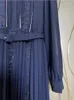 Casual Dresses European 2023 Spring Women Dress Design Långärmad spets lapptäcke Vintage Elegant Dark Blue Pleated Office Lady