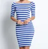 2023 Women's Large Slim Fit Stripe 3/4 Sleeve Dress Off Shoulder Sexy Wrap Hip Dress