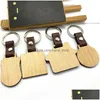 Key Rings Simple Style Wooden Keychain Men Personalise Diy Blank Mti Shaped Pendant Leather Kay Chain Handmade Jewelry Gifts Drop Del Dhha8