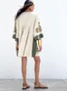 カジュアルドレス2023夏のレトロスタイルエレガントなプリーツVネックルーズリネン刺繍ドレス女性用服