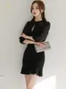 Abiti H Han Queen Corea da donna Cavalca Black Summer Dresses Sexy sirena abito elegante Sciplo semplice per il fondo del fondo Office Vestitido