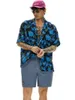 Mäns casual skjortor Sommaren Män bomullsvridningskrage Halva ärm Blue Retro Floral Print andningsbara Cool Beach Style Fashion Coats