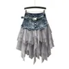 Dresses Women Denim Mesh Splice Skirt High Waist Asymmetric Frill Tulle Gothic Chic Blue