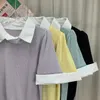 女性用Tシャツの女の子かわいい夏の女性パッチされたシャツ襟短いふわふわした袖薄いニットカットTシャツP230602